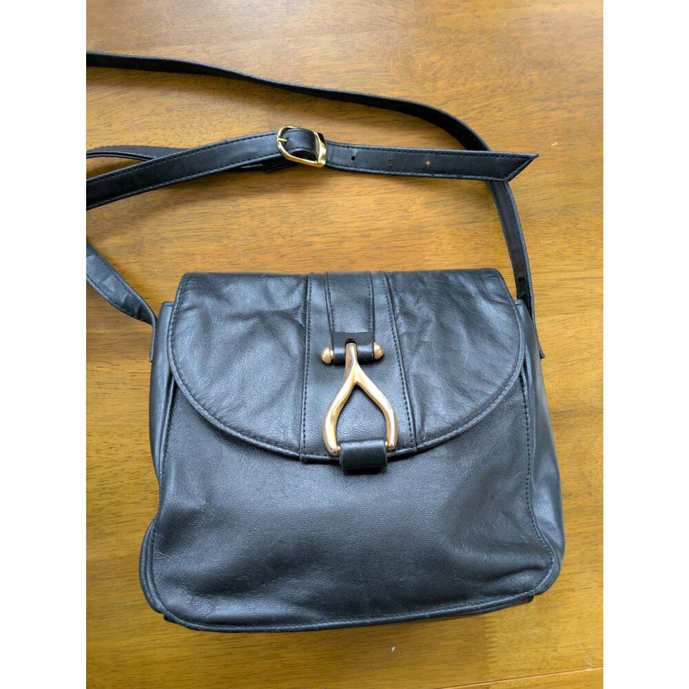Black Leather Crossbody Bag Gold Wishbone Clasp Vintage Adjustable Antonia